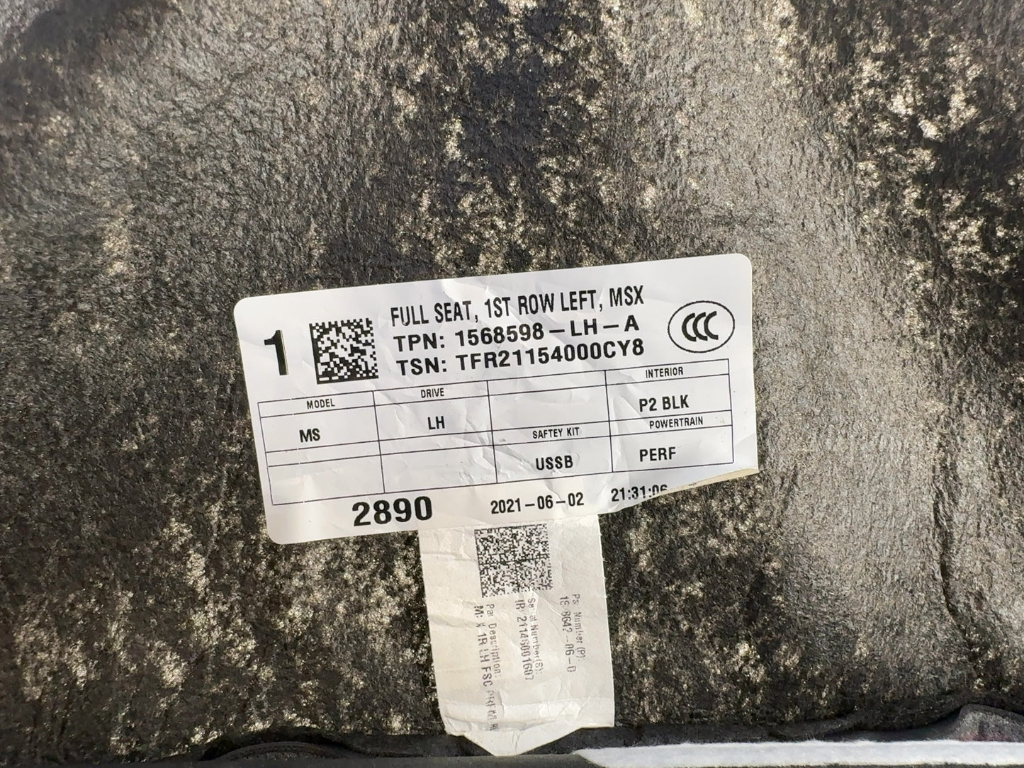 2021 Tesla Model S Front Left Seat Lower Cushion 1568598-LH-A
